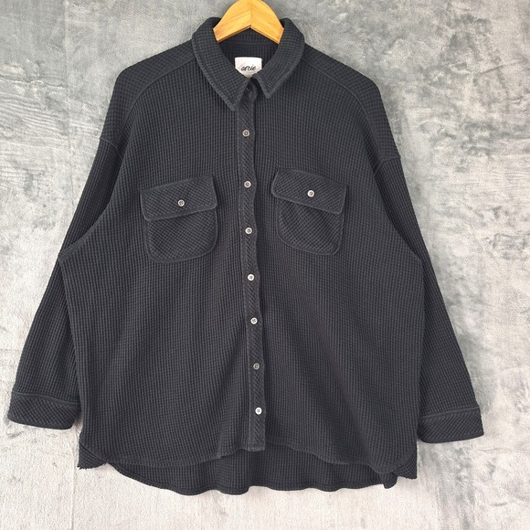 aerie Tops - Aerie Top Large Black Lumberjane Waffle Knit Oversized Button Up Cozy Shacket